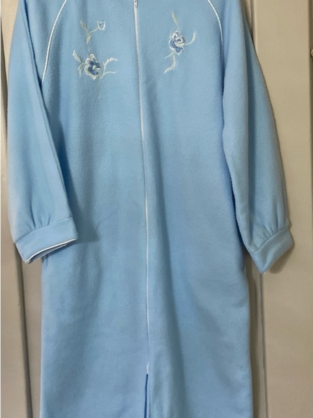 Light Blue Women's warm Robe with Delicate Floral Embroidery